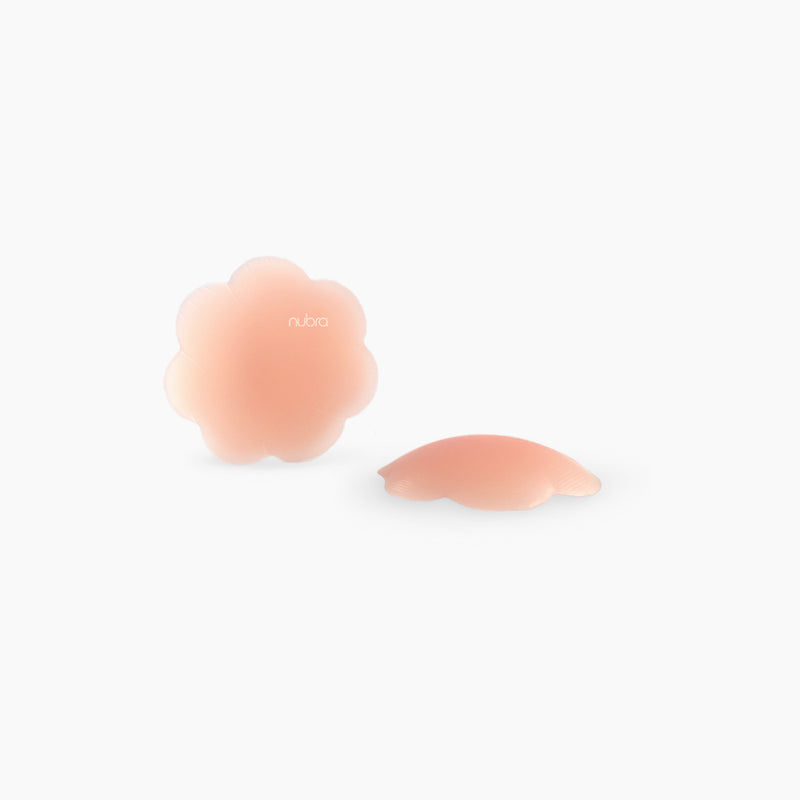 Small petal shaped self adhesive pasties, about two and a half inches in diameter so they cover just what you need. Pale peach is a neutral pinkish color, designed to blend under your clothes.
