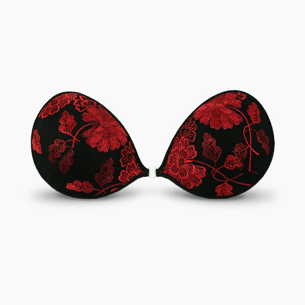 The Bold Florals backless strapless sticky bra is a black NuBra with red floral embroidery across both cups. 